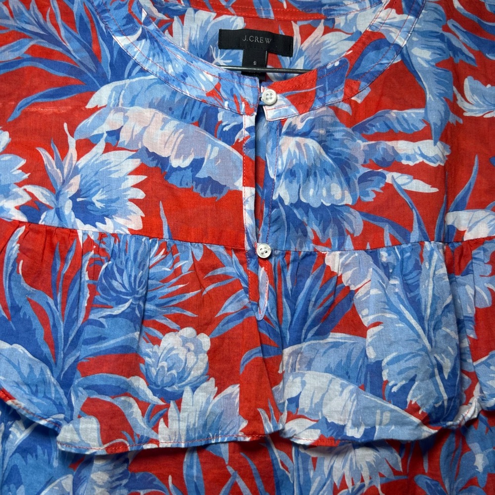 J.Crew Tropical Palm Floral Ruffle Top Red Blue Cotton Blouse Womens S Vacation - Picture 3 of 8